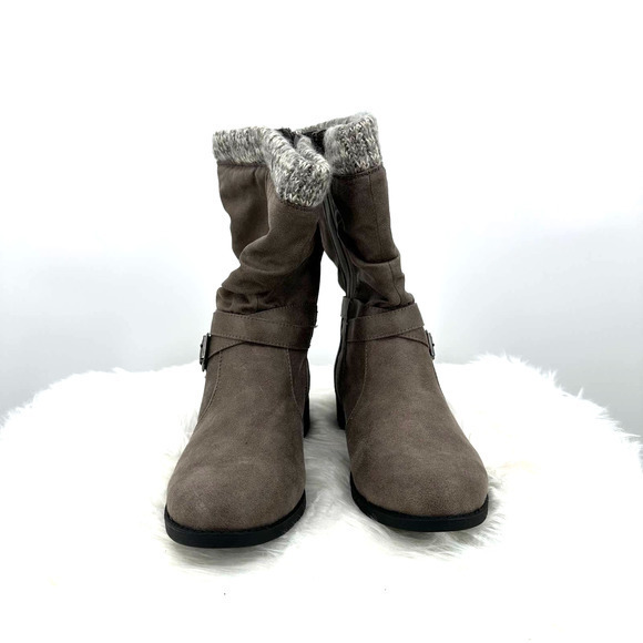 NWOB Torrid size 8 zip up mid calf boots taupe wide calf double buckle moto - Picture 2 of 7